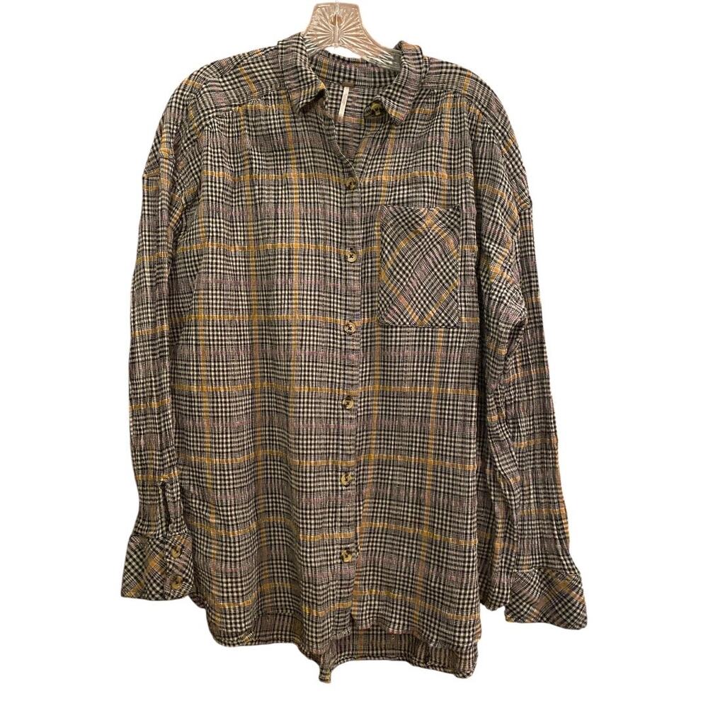 Free People Break My Stride Oversized Plaid Long Sleeve Button Up Size M Shirt